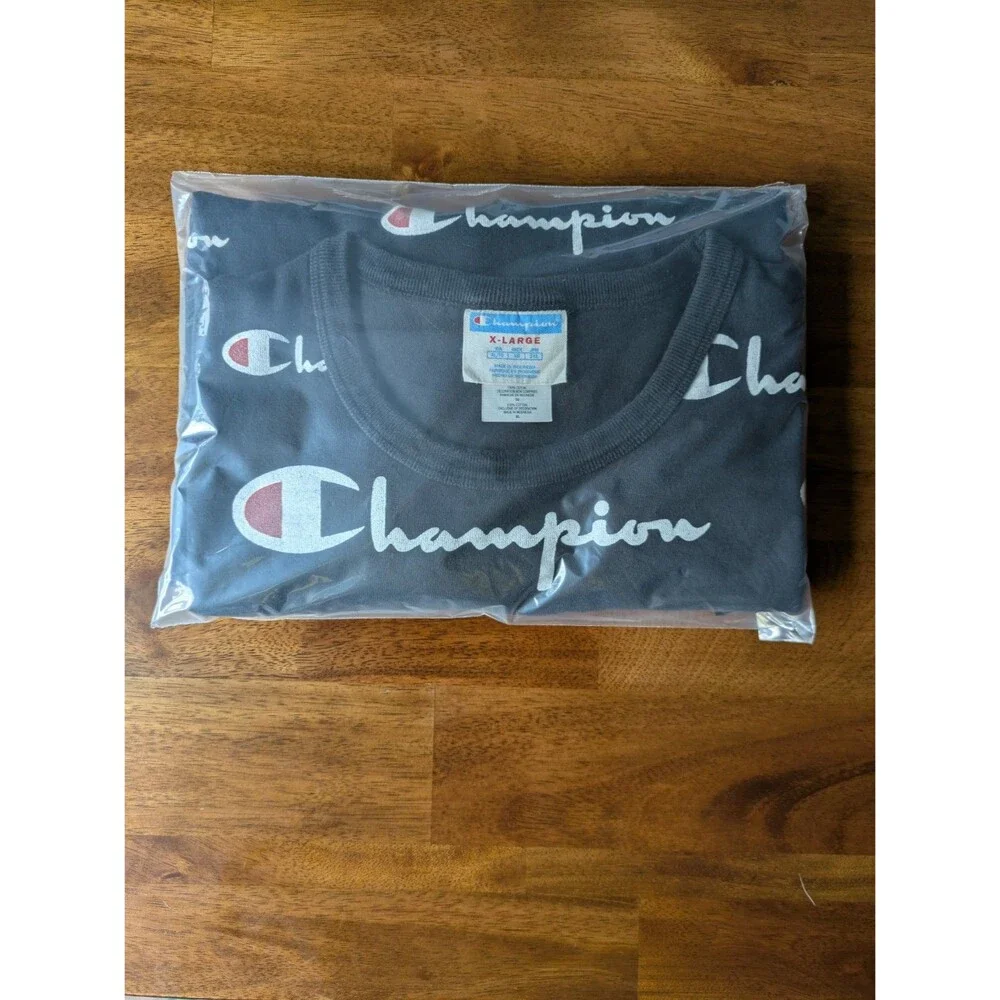 VTG Champion T-Shirt Mens Size XL Black Script Logo AOP Athletic Gym Streetwear - Picture 5 of 5